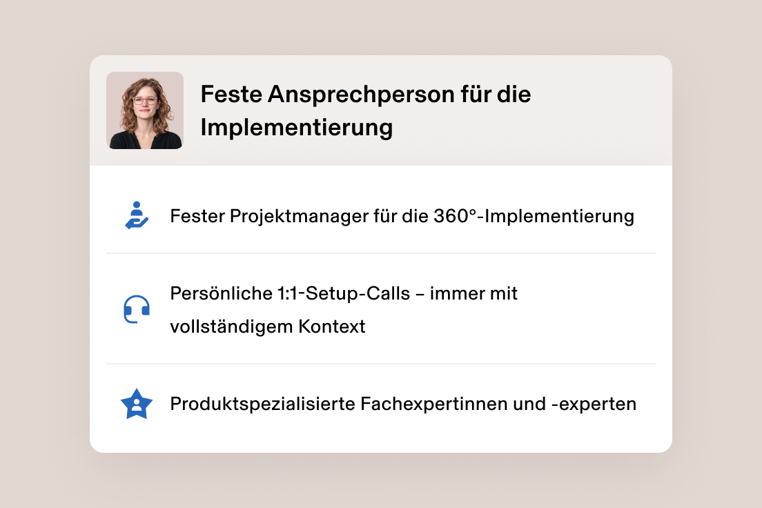 Bild eines zugewiesenen Implementierungsmanagers mit Details zum persönlichen Onboarding, zur Einrichtung als Experte und zum Projektmanagement