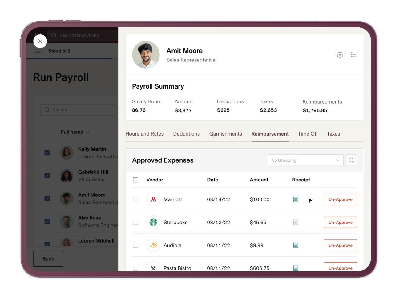 Preview of what the payroll summary looks like by person.