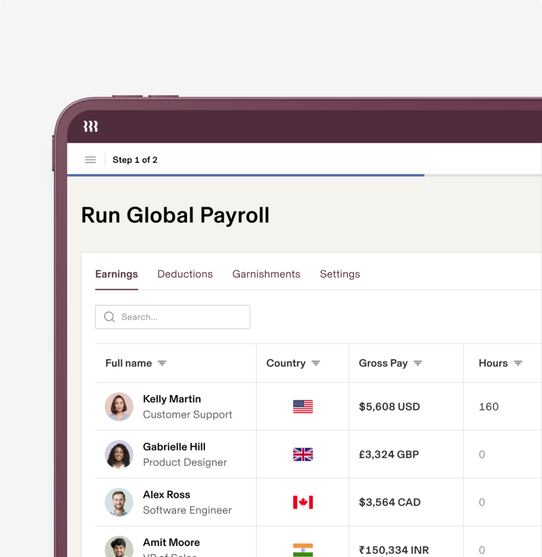 Screen in Rippling titled Run Global Payroll on a tablet showing a list of employees, their country, their gross pay, and their hours