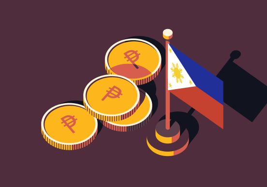Graphic illustration of the Philippines flag and four pesos
