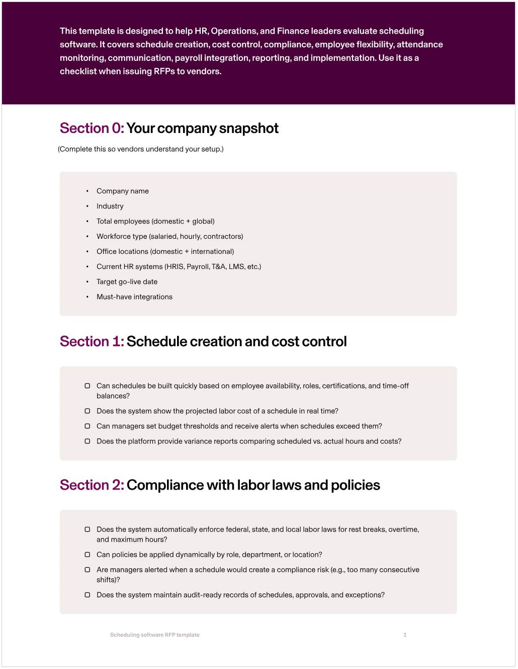 Preview of Rippling's Scheduling Software RFP Template.