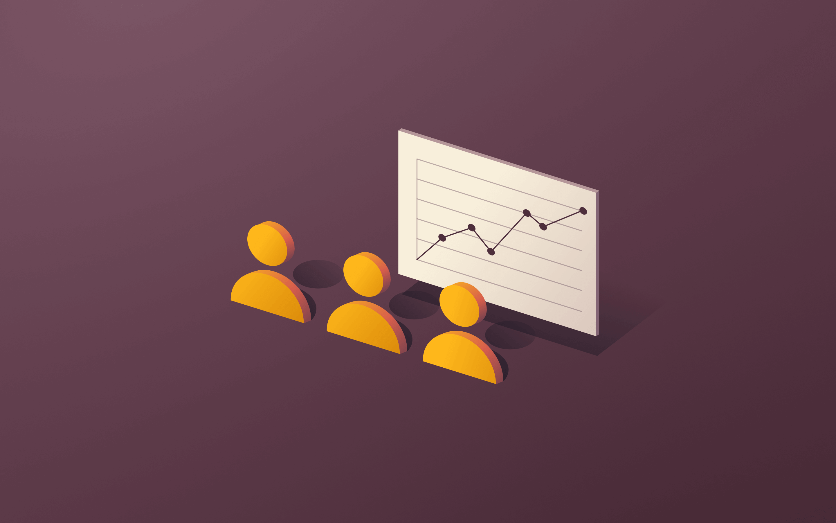 An illustration on a dark purple background featuring three stylized, orange human figures standing in front of a presentation screen. The screen displays a line graph with data points connected by lines, showing an upward trend. The figures and screen cast soft shadows, creating a subtle three-dimensional effect.