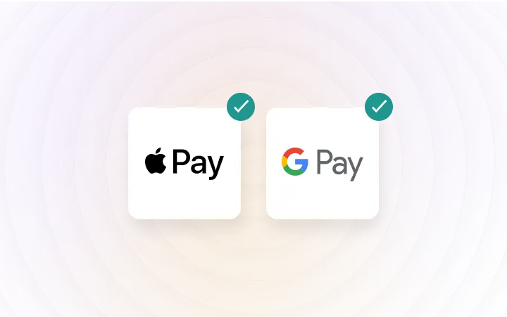 Graphic illustration showing Apple Pay and Google Pay logos with checkmarks