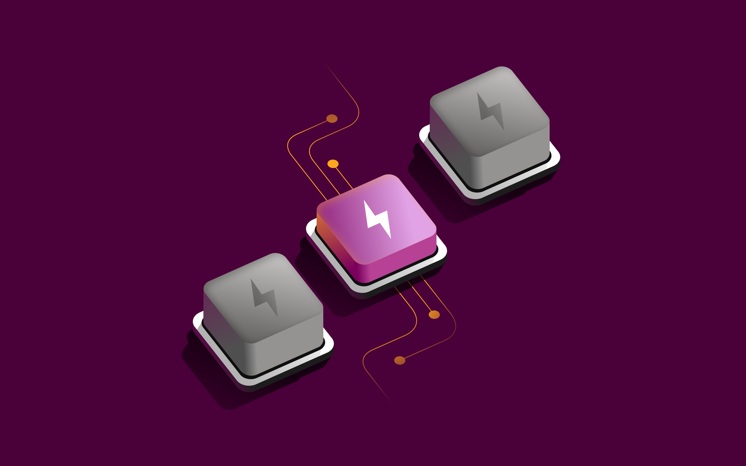 An isometric illustration featuring three square buttons with lightning bolt icons on a dark purple background. The center button is glowing bright pink/purple and connected to circuit board lines, while the two outer buttons are gray and inactive.