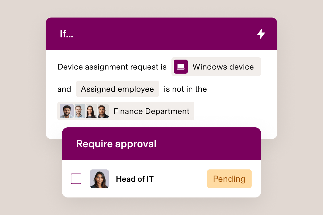 Device assignment workflow showing Windows device request for employee not in Finance Department, pending approval from Head of IT.