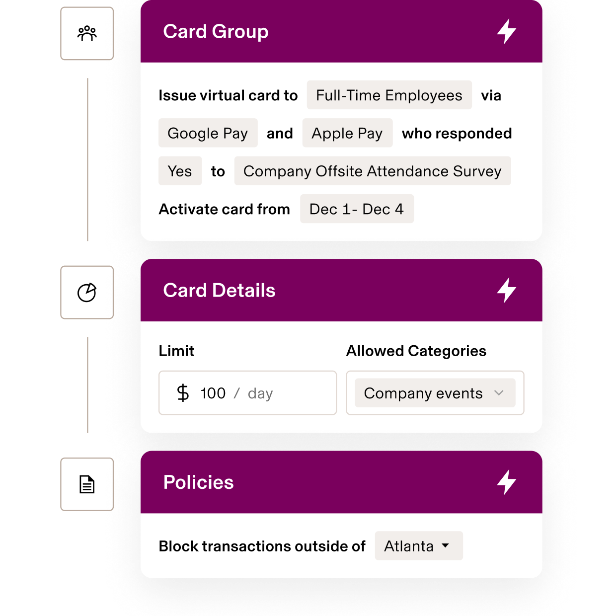 Virtual card management interface showing settings for full-time employees with $100/day limit for company events in Atlanta.