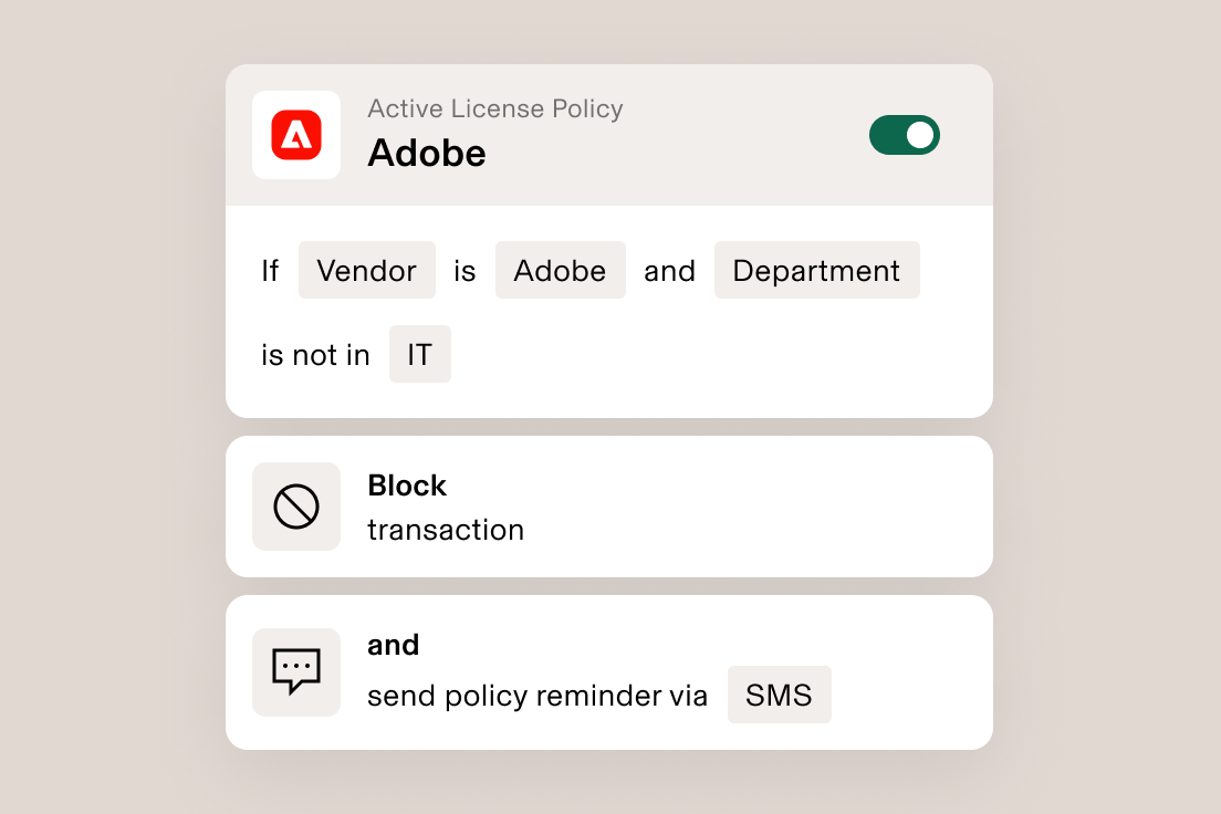 Adobe license policy interface showing rule to block transactions for non-IT departments and send SMS reminders.