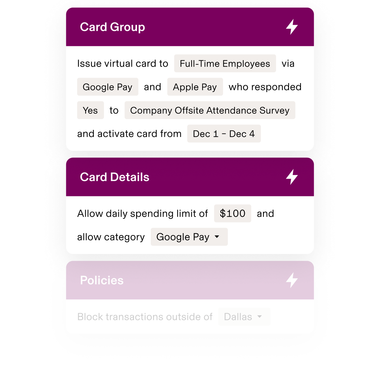 Mobile interface showing virtual card setup with $100 daily limit for employees who responded to company survey, valid Dec 1-4.