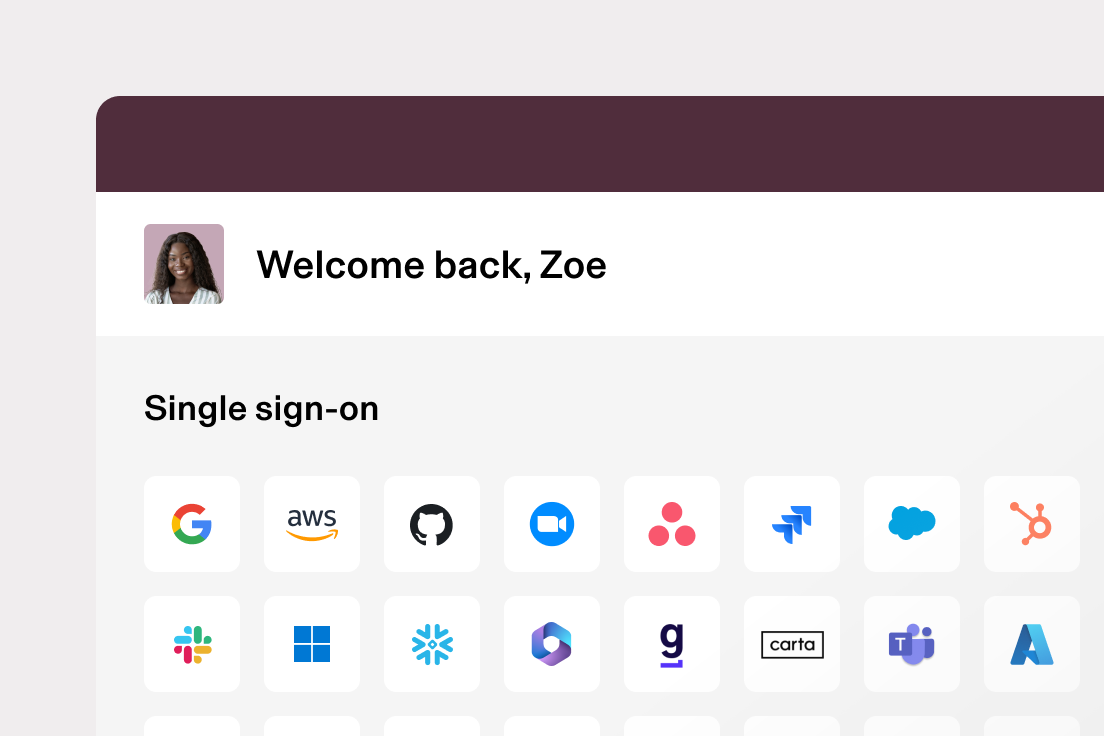 Screenshot of the welcome screen in Rippling with text that says, "Welcome back, Zoe" and a row of apps under a heading that reads, "Single sign-on"