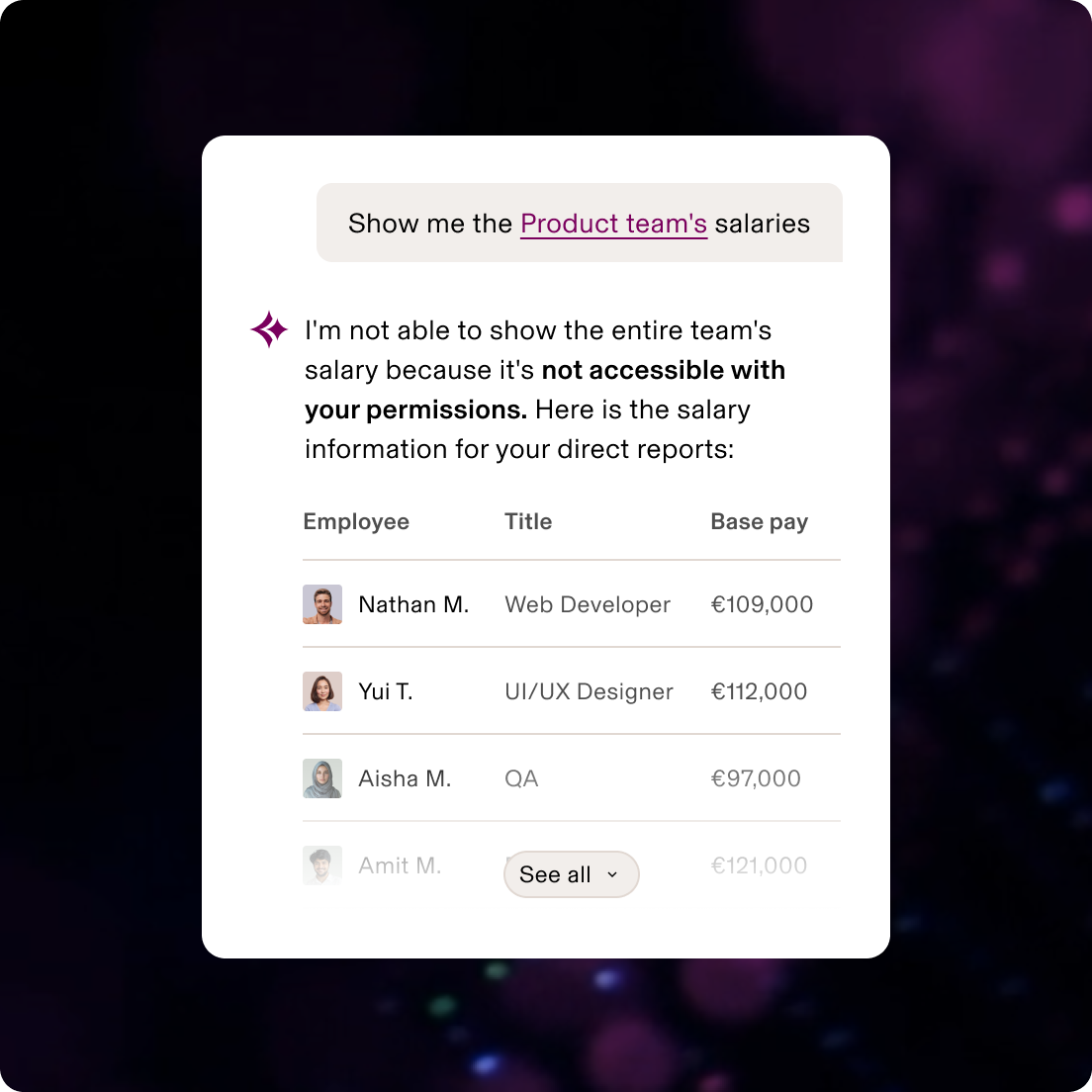 Interface showing limited access to Product team salaries, displaying only direct reports with their roles and base pay