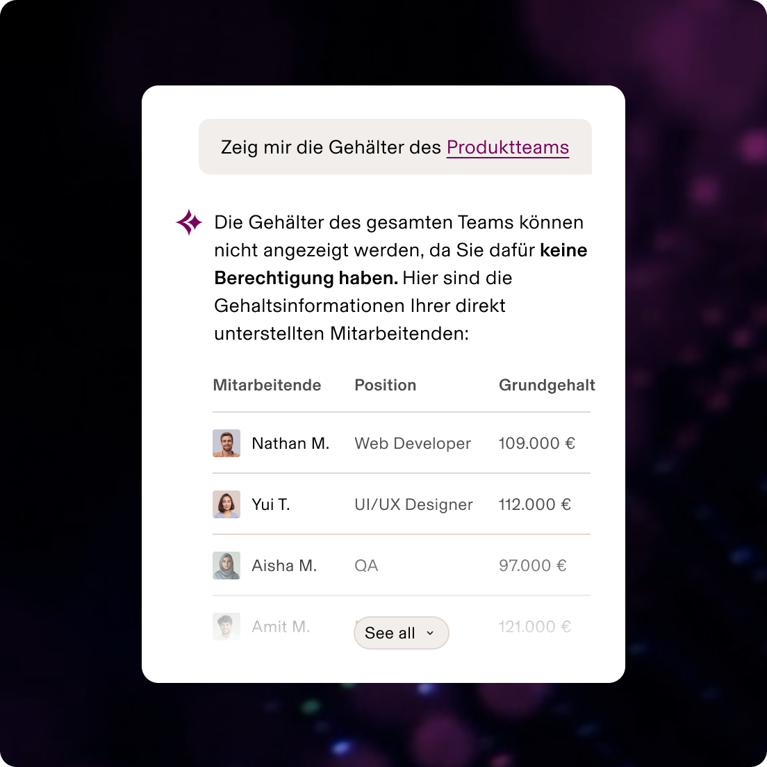 Ansicht mit eingeschränktem Zugriff auf Gehälter des Produktteams – zeigt nur direkte Mitarbeitende mit Rolle und Grundgehalt