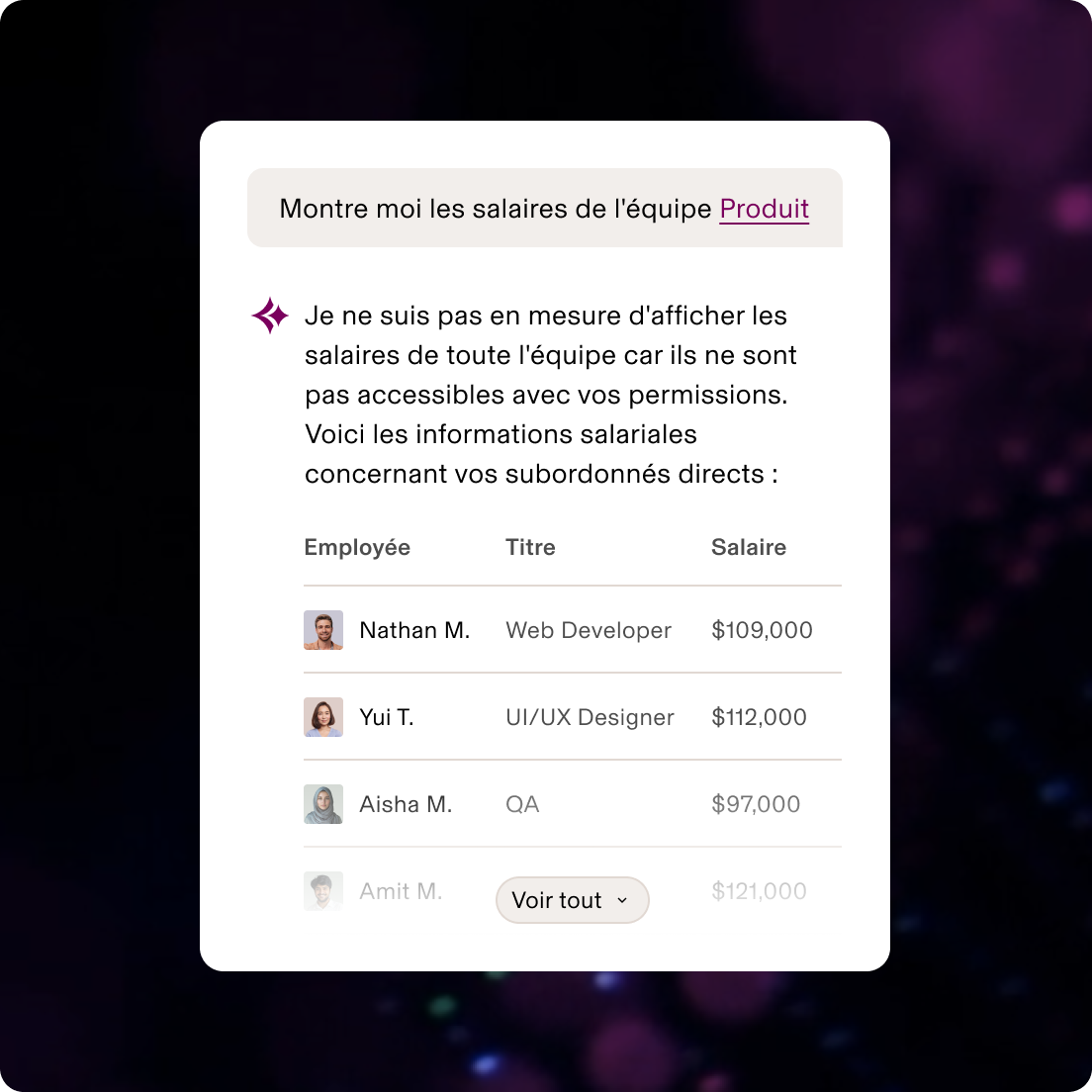 Interface affichant un accès limité aux salaires de l'équipe Produit, en ne montrant que les collaborateurs en direct avec leur poste et leur salaire de base