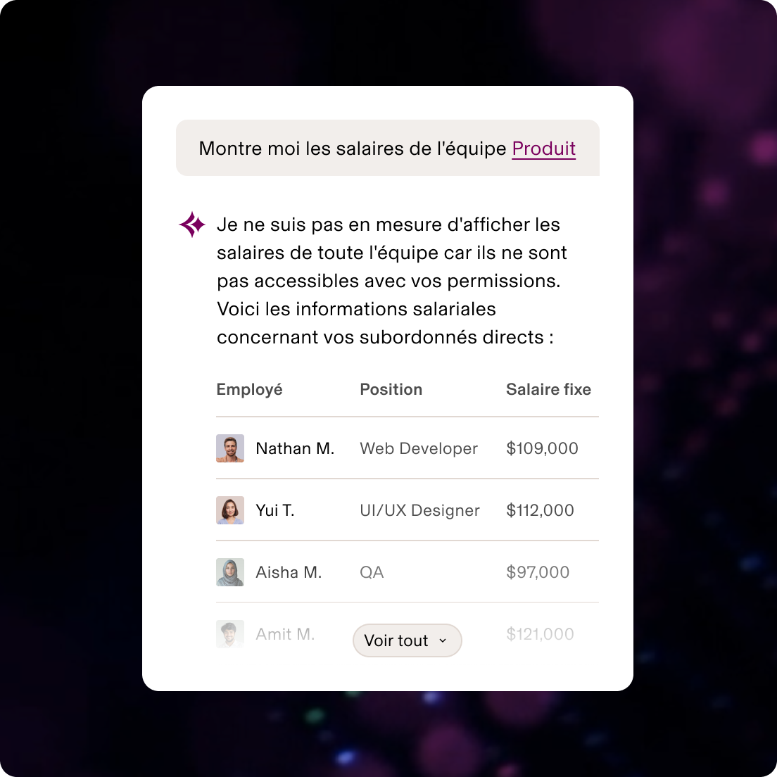 Interface affichant un accès limité aux salaires de l'équipe Produit, en ne montrant que les collaborateurs en direct avec leur poste et leur salaire de base