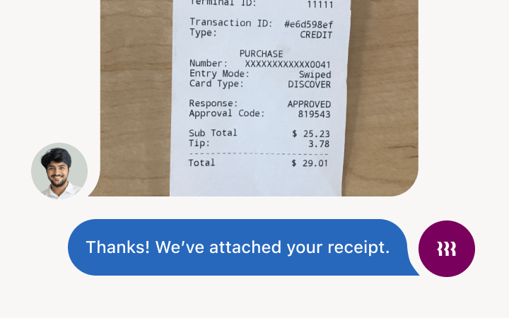 Credit card receipt showing $25.23 purchase with $3.78 tip for a total of $29.01, paid with Discover card.