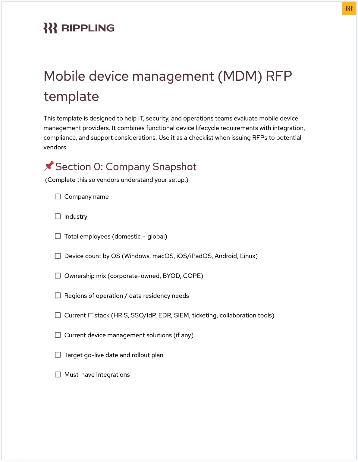 Preview of the MDM RFP template by Rippling.