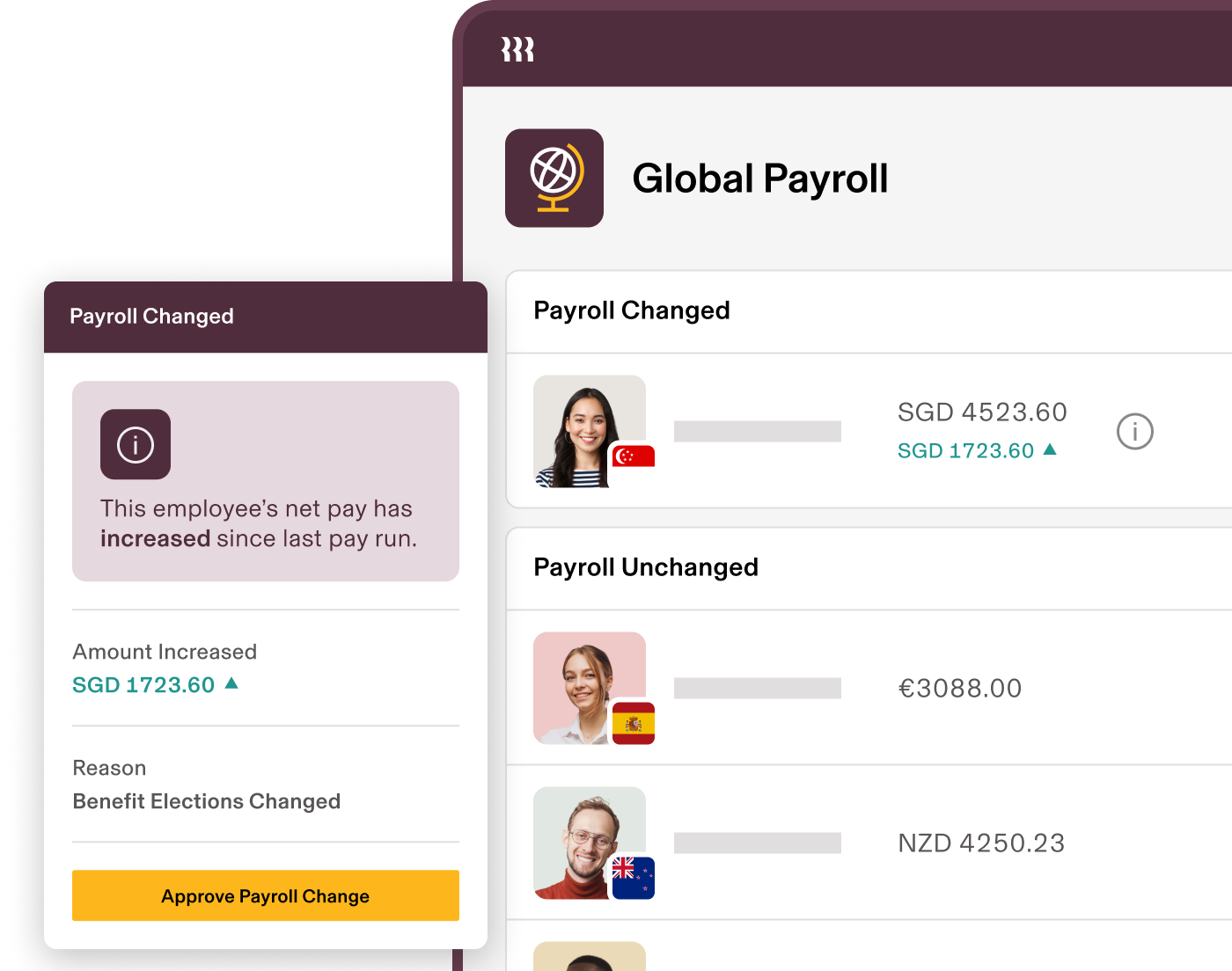 Global payroll dashboard showing a pay increase notification for a Singapore employee due to benefit changes.