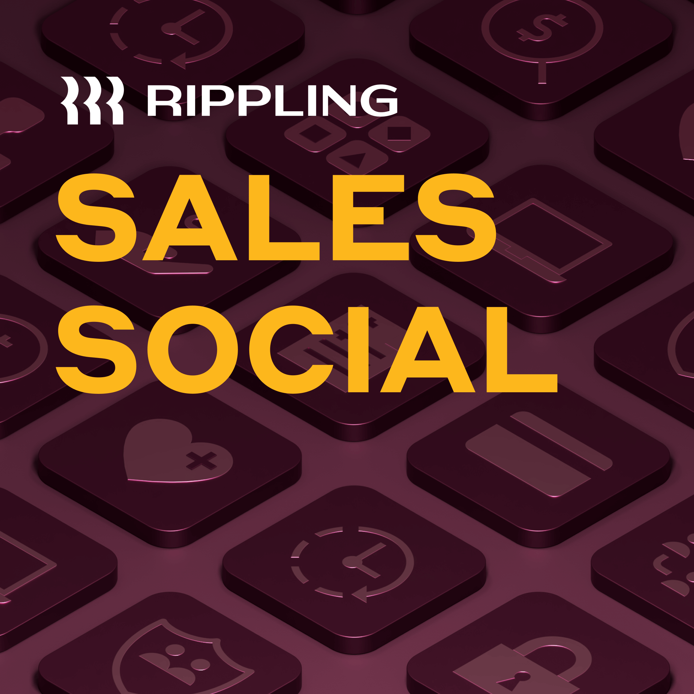 Graphic illustration of a pattern of app icons overlaid with text that says Rippling Sales Social