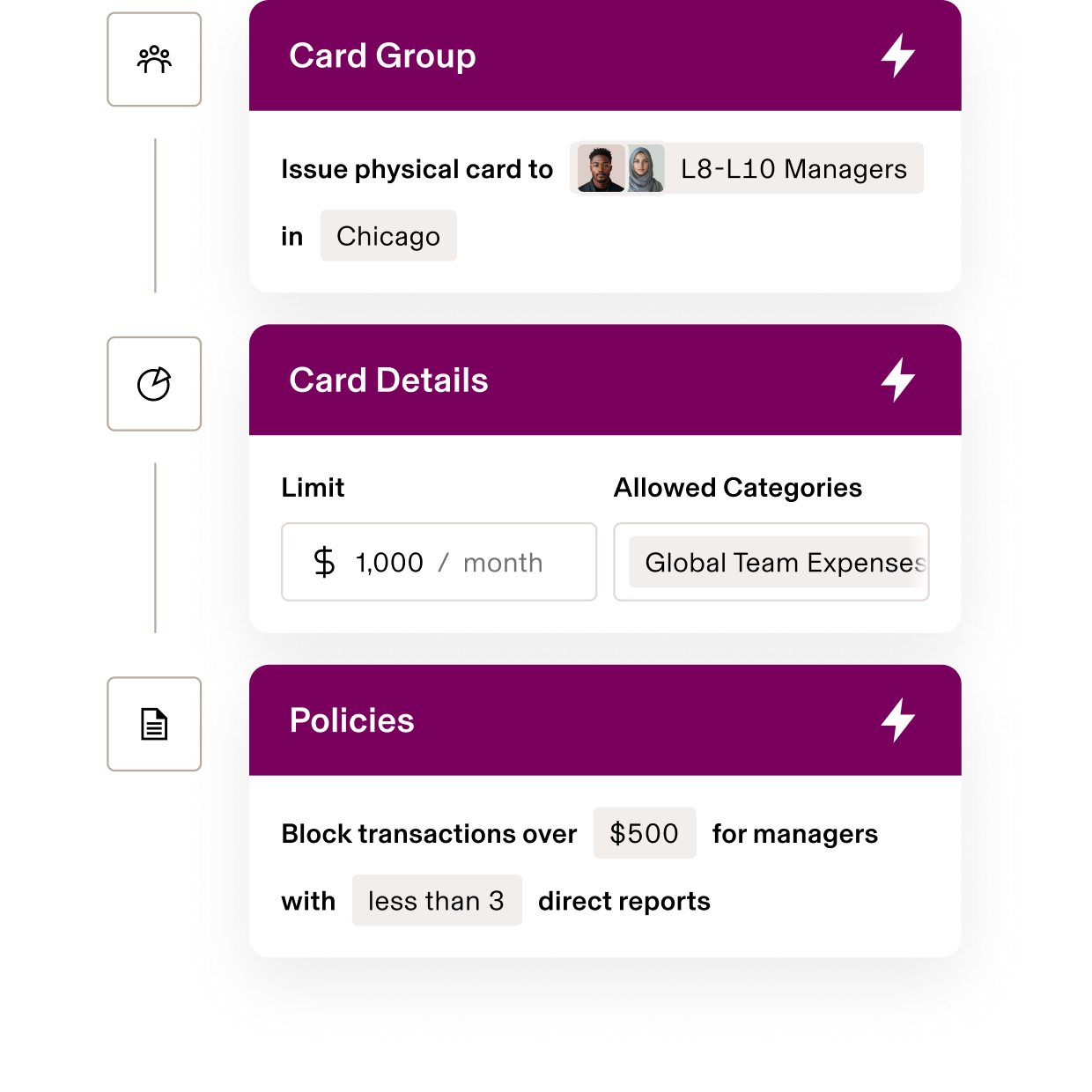Corporate card management interface showing settings for L8-L10 managers in Chicago with $1,000 monthly limit for team expenses.