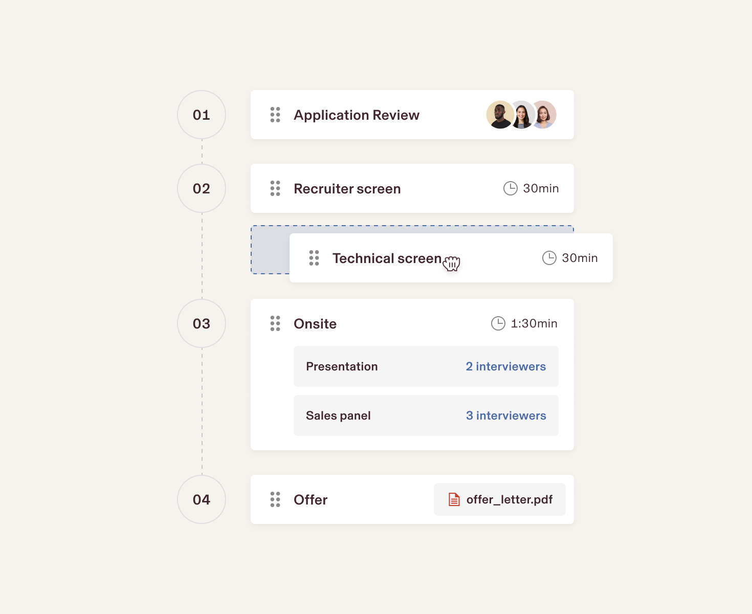 Illustration of a drag-and-drop interface in Rippling showing a cursor adding a new step to a recruiting workflow with stages like "Application review," "Recruiter screen," and "Technical screen"