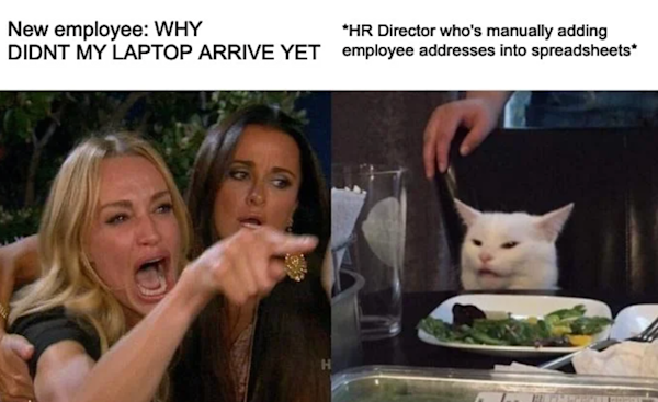 Women yelling at cat meme with text above the woman that says, "New employee: WHY DIDN'T MY LAPTOP ARRIVE YET," and text over the cat that says, "*HR Director who's manually adding employee addresses into spreadsheets*"
