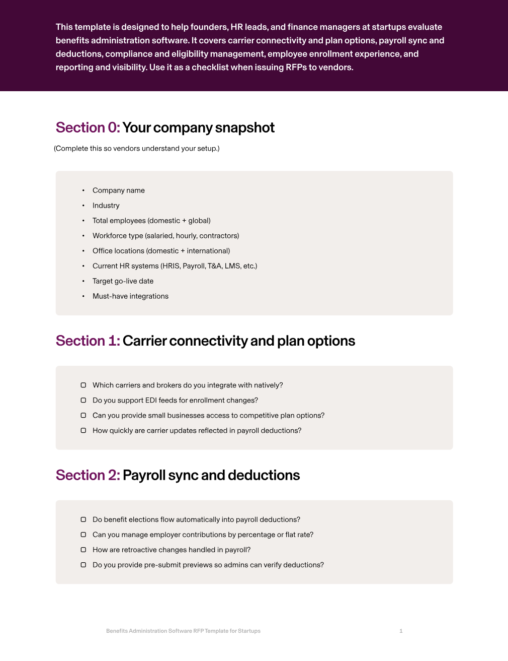 Benefits Administration Software RFP for Startups
