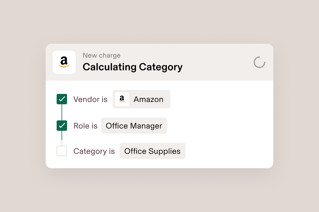 Mobile app interface showing Amazon purchase categorization with vendor and role confirmed, category pending as Office Supplies.