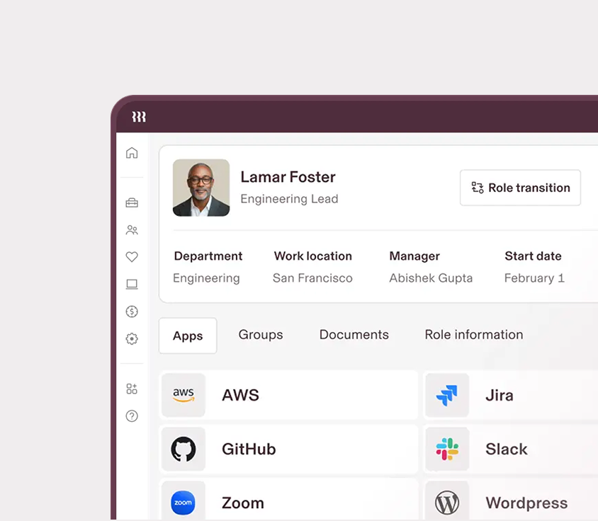 A screenshot of an employee profile in Rippling for an employee named Lamar Foster with the "Apps" tab highlighted and showing the apps that Lamar can access