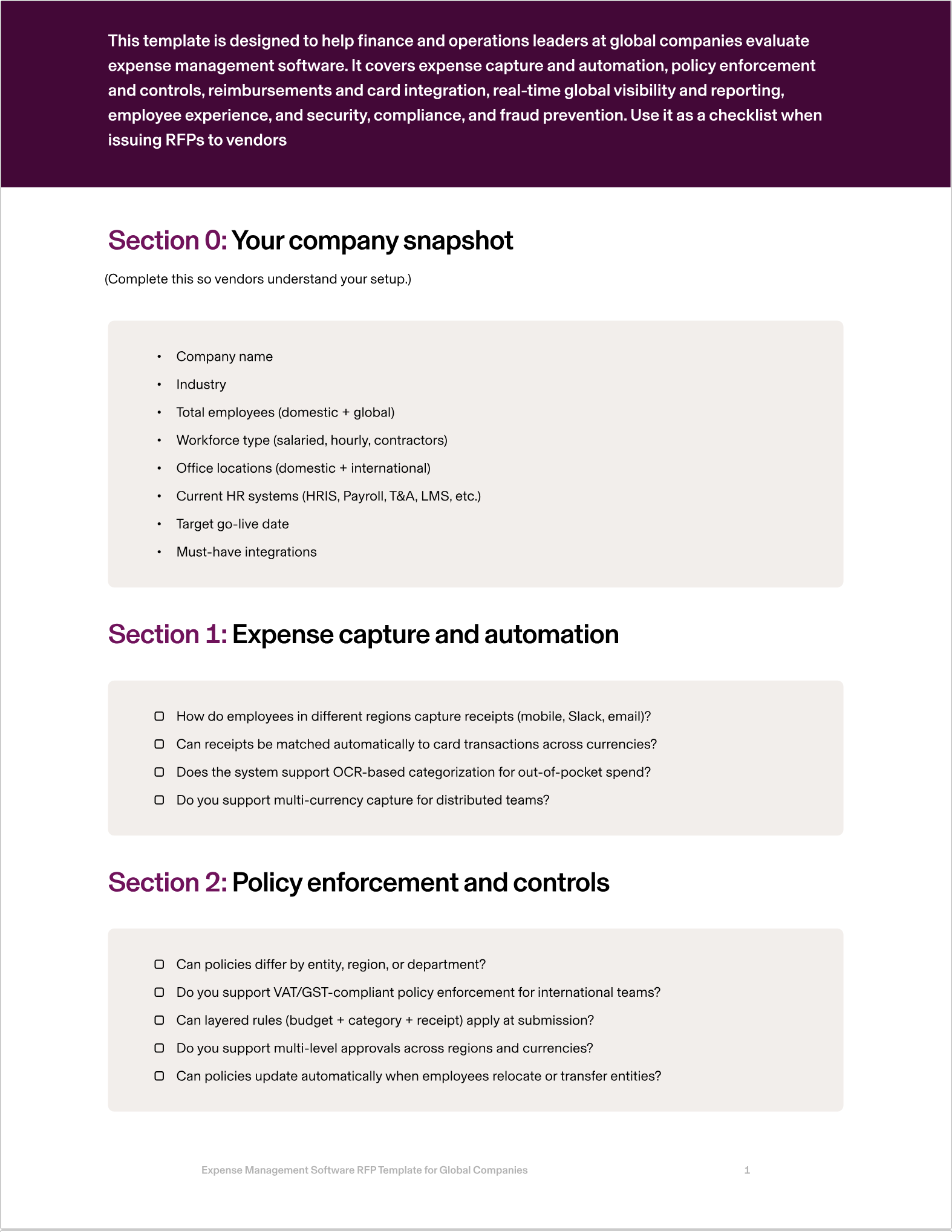 Preview of Rippling's Expense Management Software RFP Template for Global Companies.