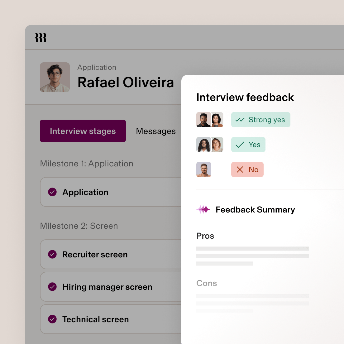 Job application interface showing interview stages, feedback from reviewers with "Strong yes" and "Yes" votes, and one "No" vote.