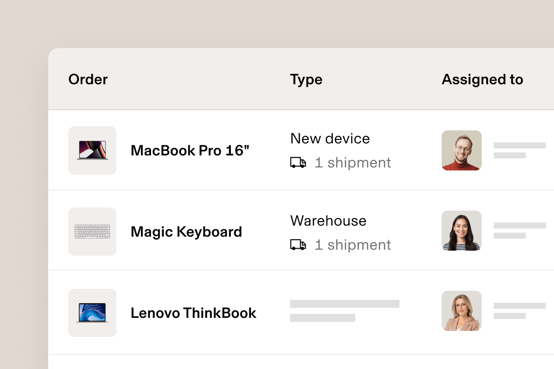 Order management interface showing MacBook Pro 16" and Magic keyboard shipments with assigned staff members.