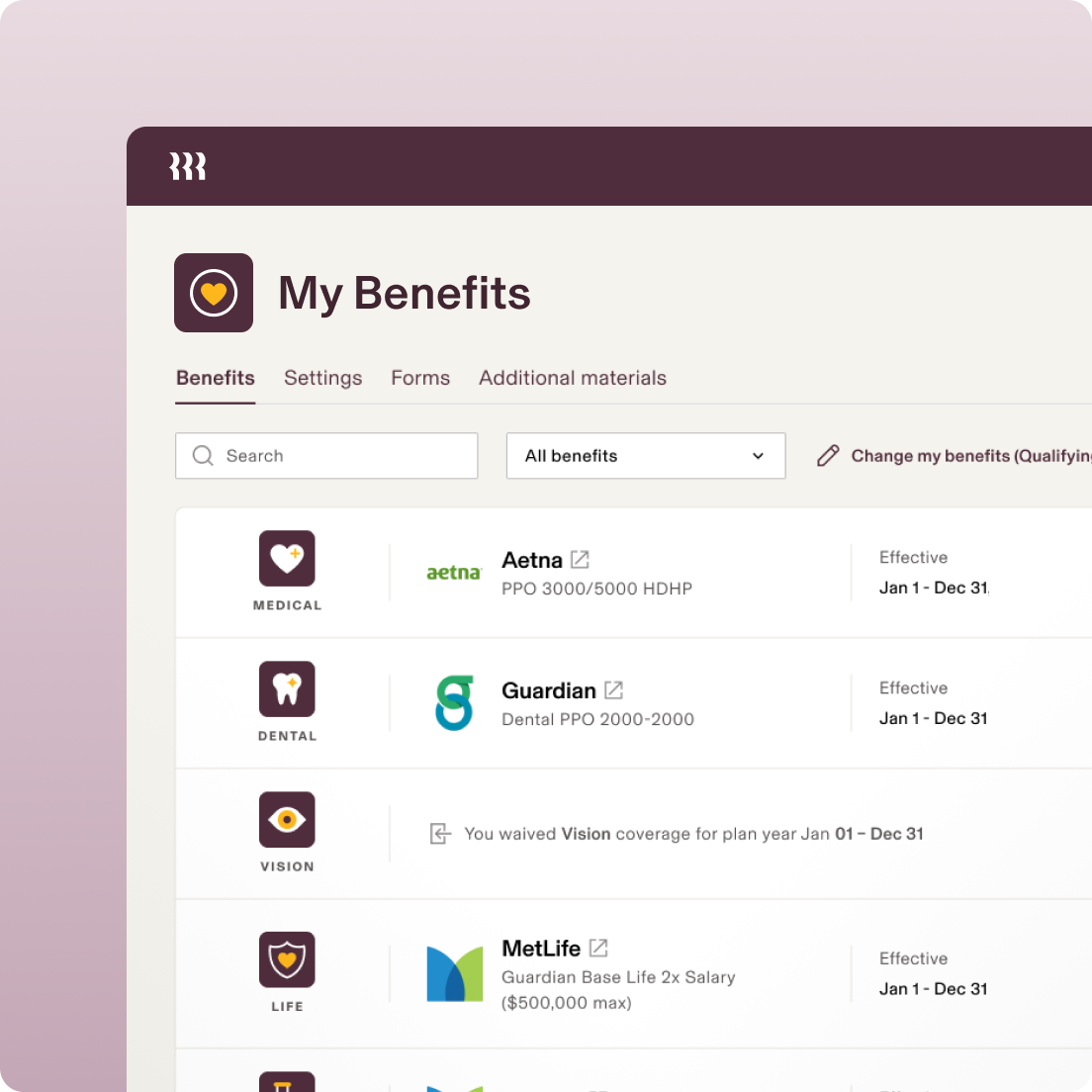 Screenshot of My Benefits page in Rippling