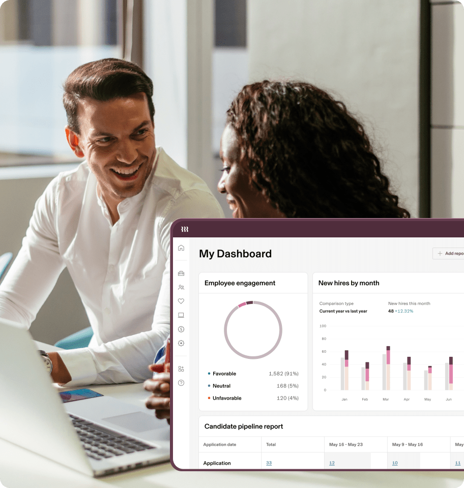Screenshot of a dashboard in Rippling with a donut chart titled "Employee engagement" and a bar chart titled "New hires by month," overlaid on top of a photograph of two smiling employees at a desk in an office