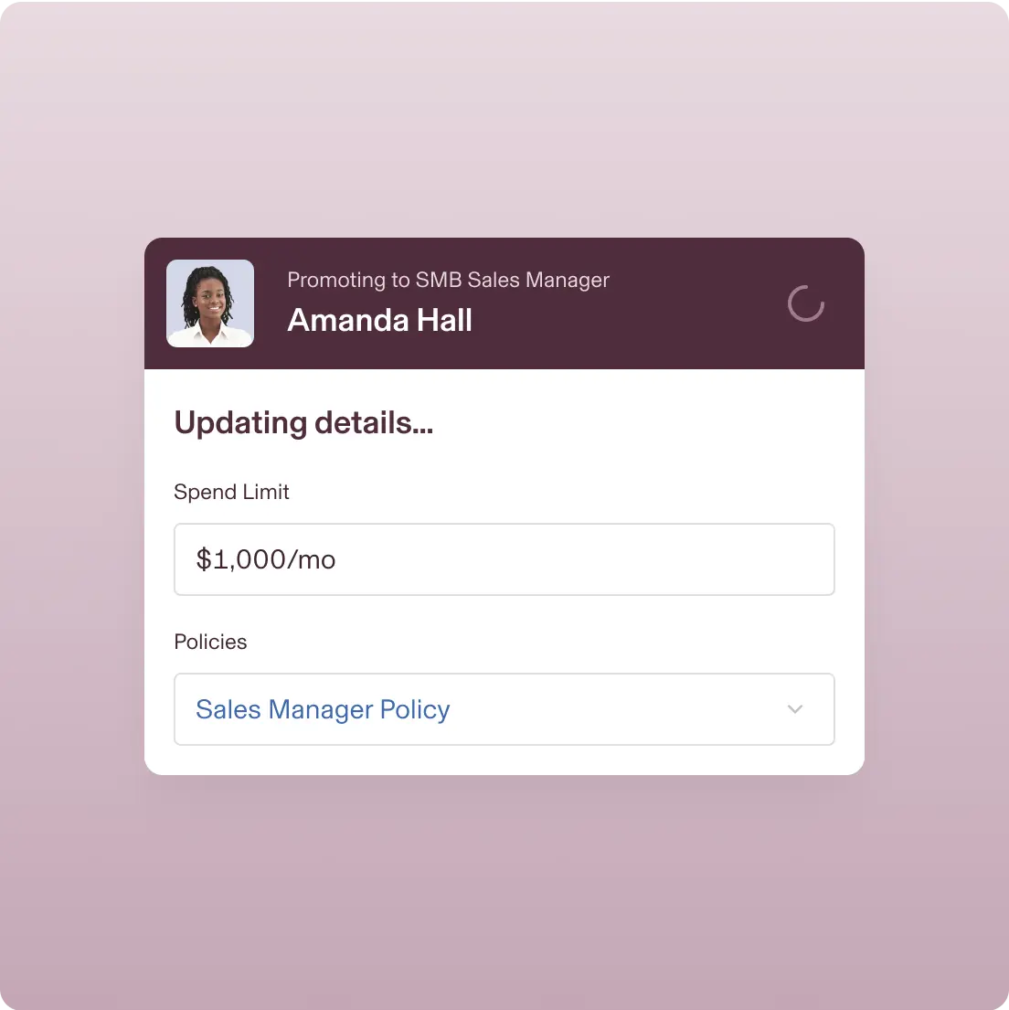 Example of a workflow in Rippling titled Promoting to SMB Sales Manager that says Updating details with a spend limit set to $1,000 per month