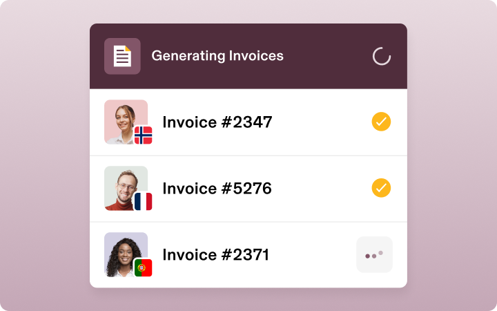 App-Bildschirm für Rechnungserstellung, auf dem drei Einträge für Kunden aus Norwegen, Frankreich und Portugal mit zugehörigem Abschlussstatus zu sehen sind.