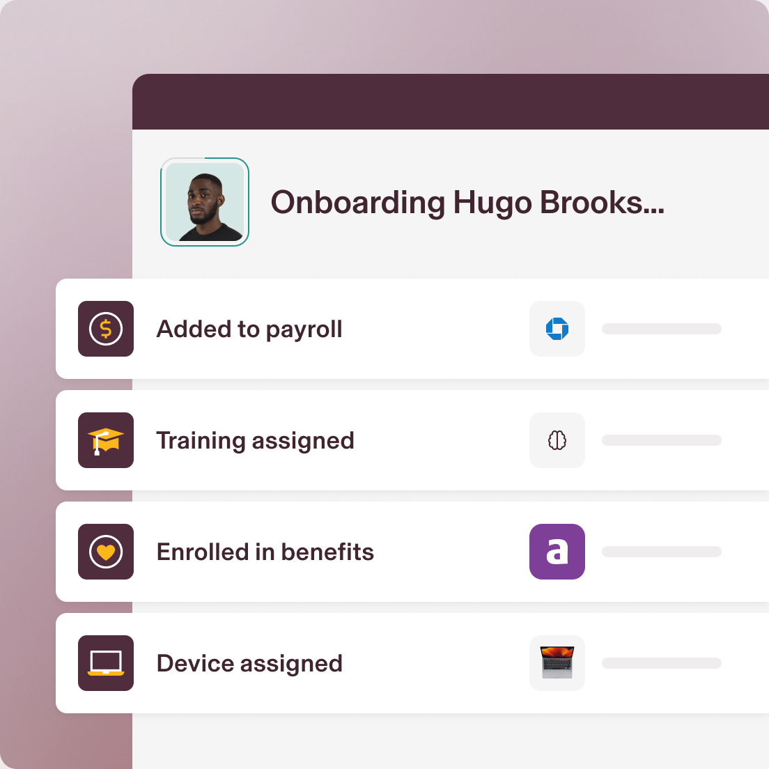 Illustration of the employee onboarding process with steps such as "Added to payroll," "Training assigned," "Enrolled in benefits," and "Device assigned"