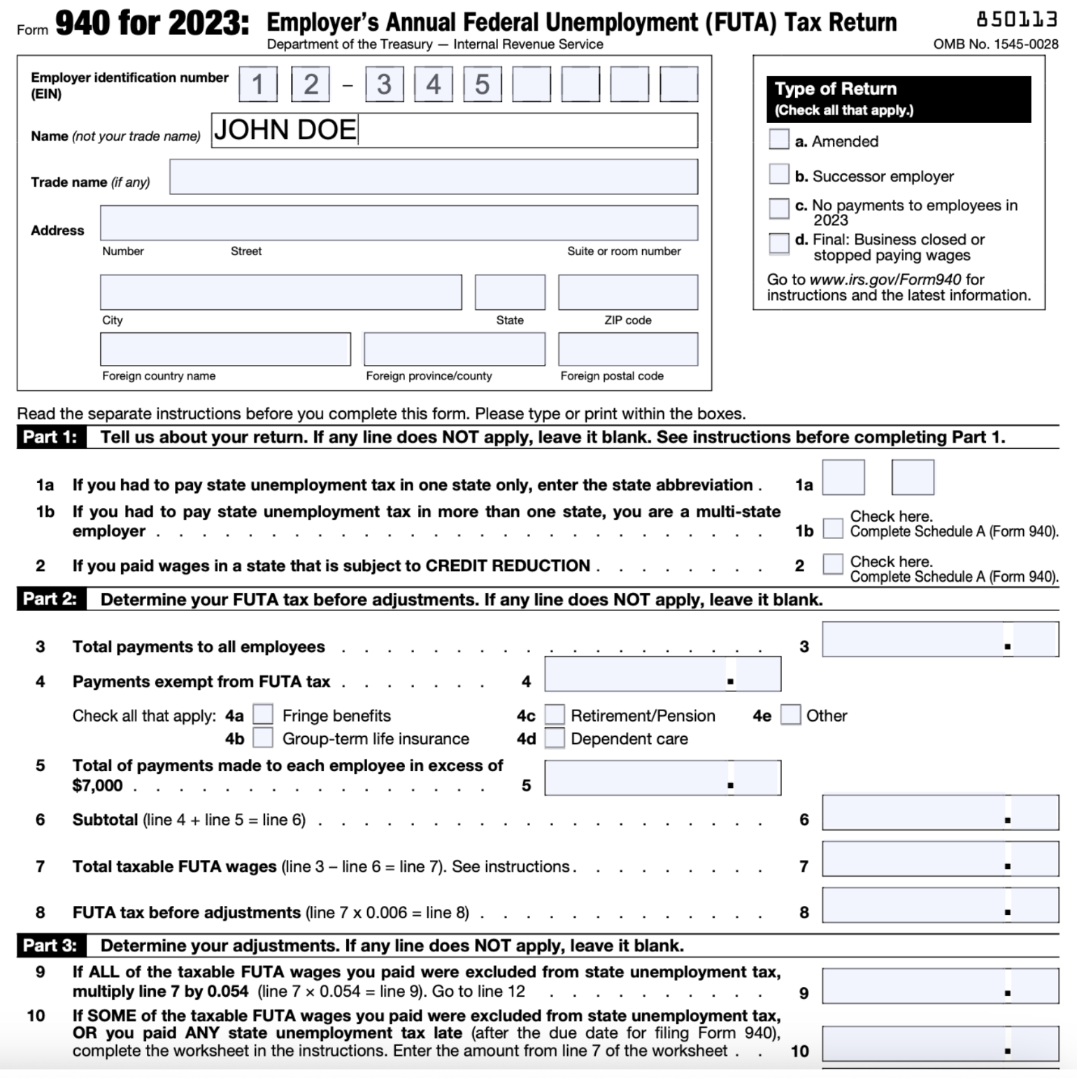 Preview of standard IRS 940 form.
