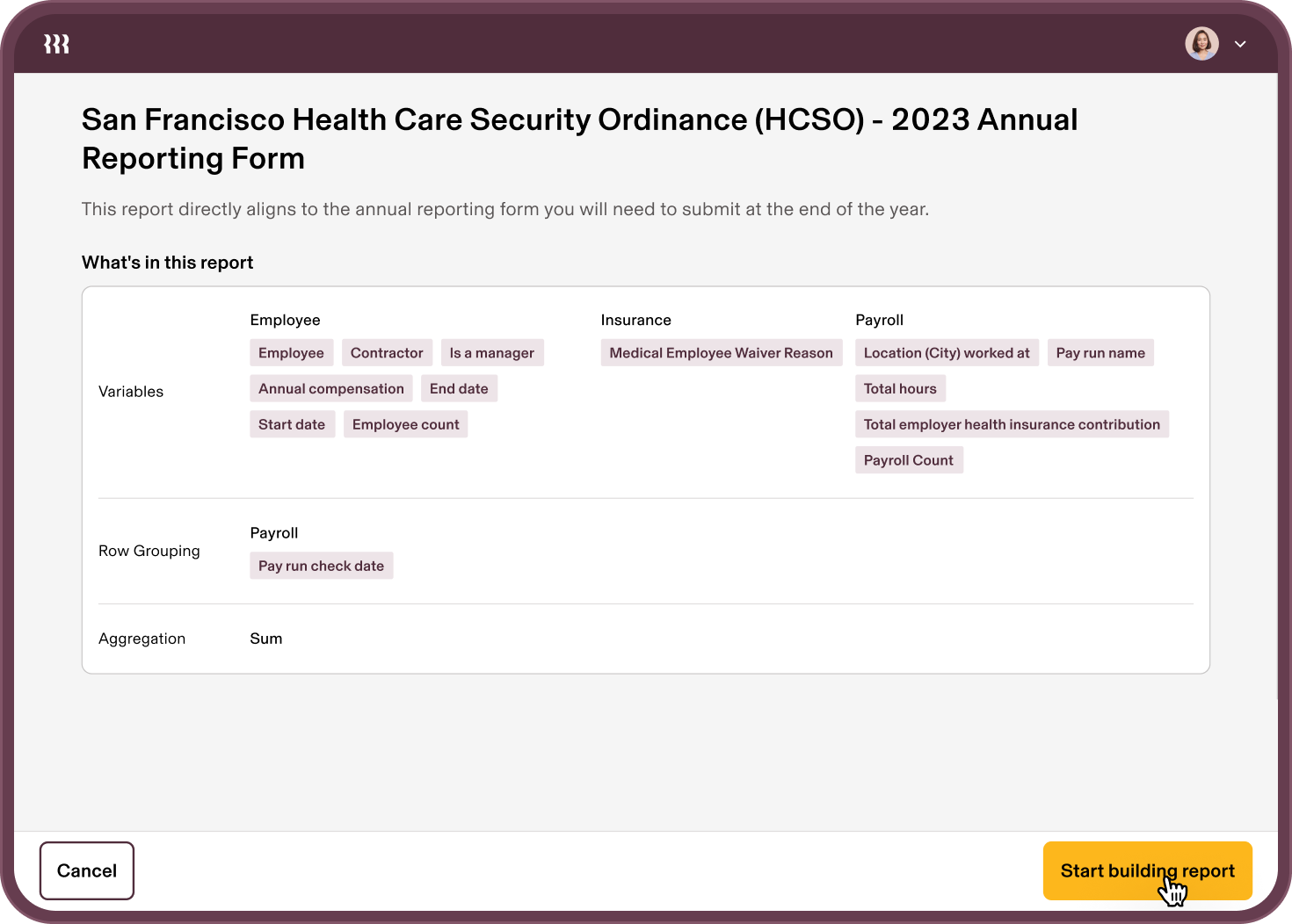Preview of a sample custom report in the Rippling platform.