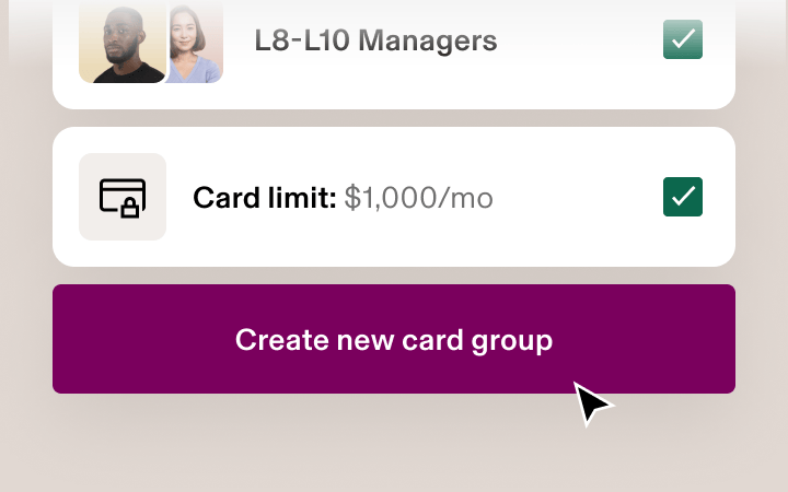 Mobile interface showing L8-L10 Managers group with $1,000/mo card limit and purple "Create new card group" button.