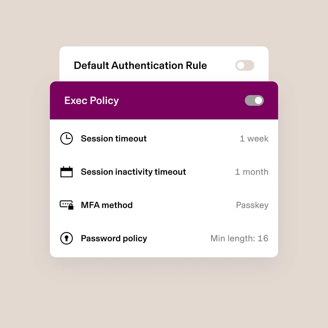 Authentication settings interface showing Exec Policy enabled, session timeouts, MFA method set to Passkey, and password requirements.