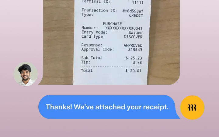 Screenshot of an employee sharing a receipt in Rippling with a message that says Thanks! We've attached your receipt