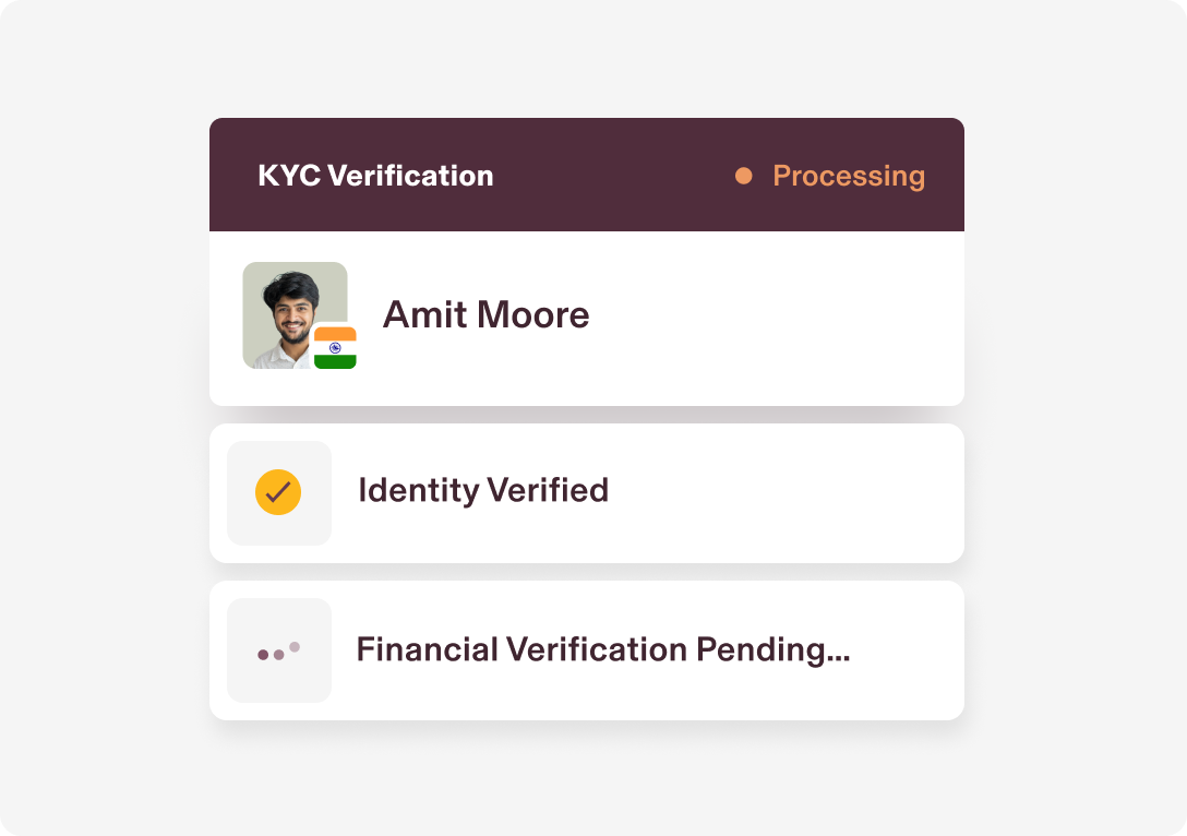 Illustration of a KYC verification process in Rippling: step 1 says Identity Verified and step 2 says Financial Verification Pending