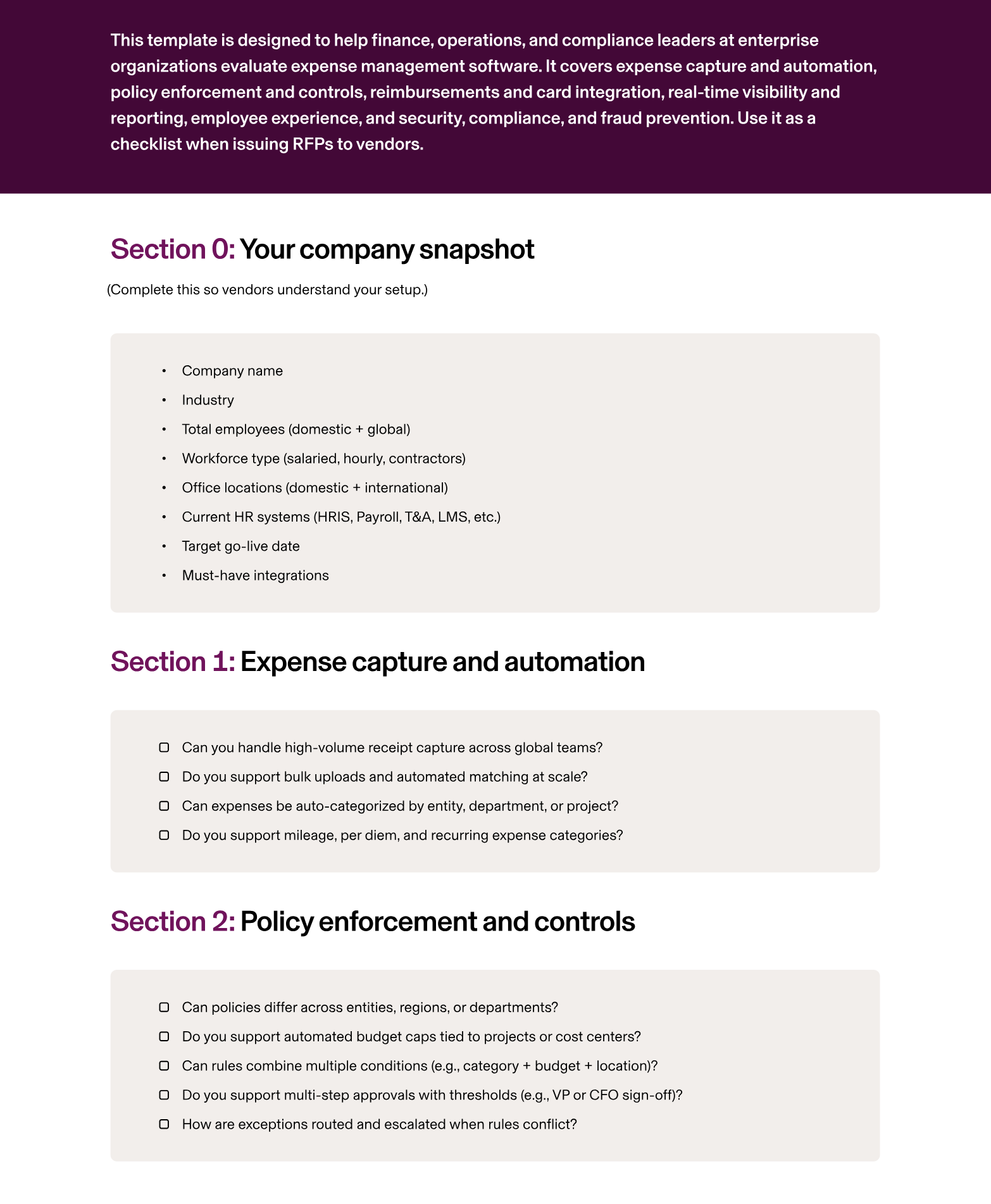 Preview of Rippling's Expense Management Software RFP Template for Enterprises template.