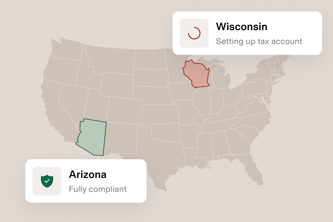 Carte des États-Unis sur laquelle le Wisconsin porte la mention « Configuration du compte fiscal» et l’Arizona, la mention « Conformité complète».