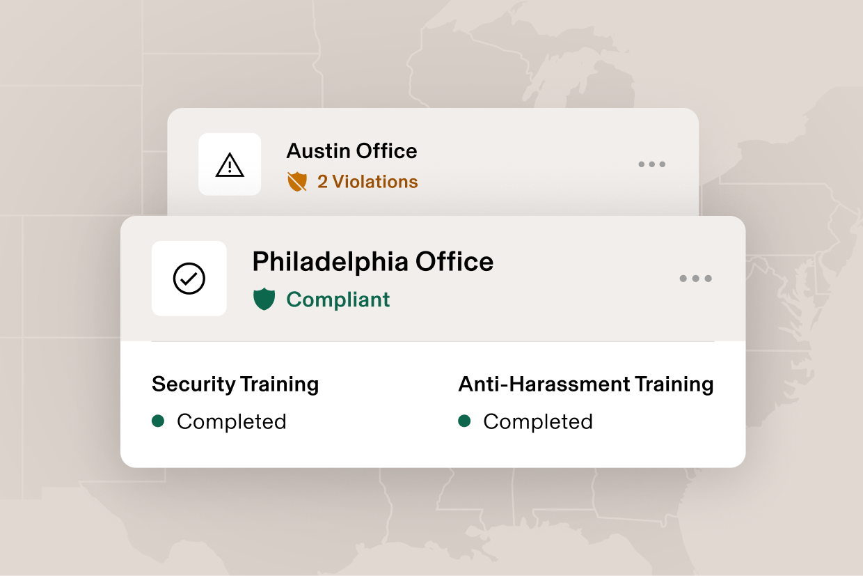 Graphic illustration of a card that says Orlando, FL with "2 violations" and a card that says Los Angeles, CA and "Compliant", for training completed