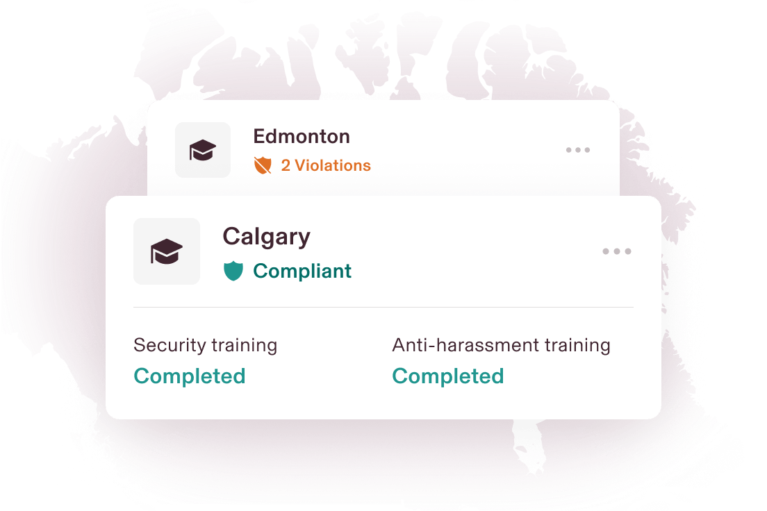 Graphic illustration of a card that says Orlando, FL with "2 violations" and a card that says Los Angeles, CA and "Compliant", for training completed