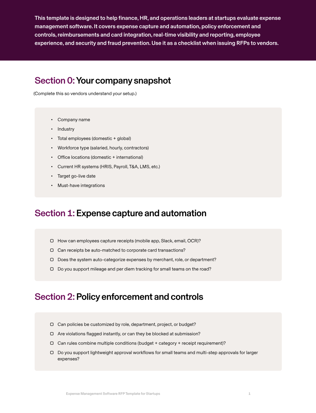 Expense Management Software RFP for Startups