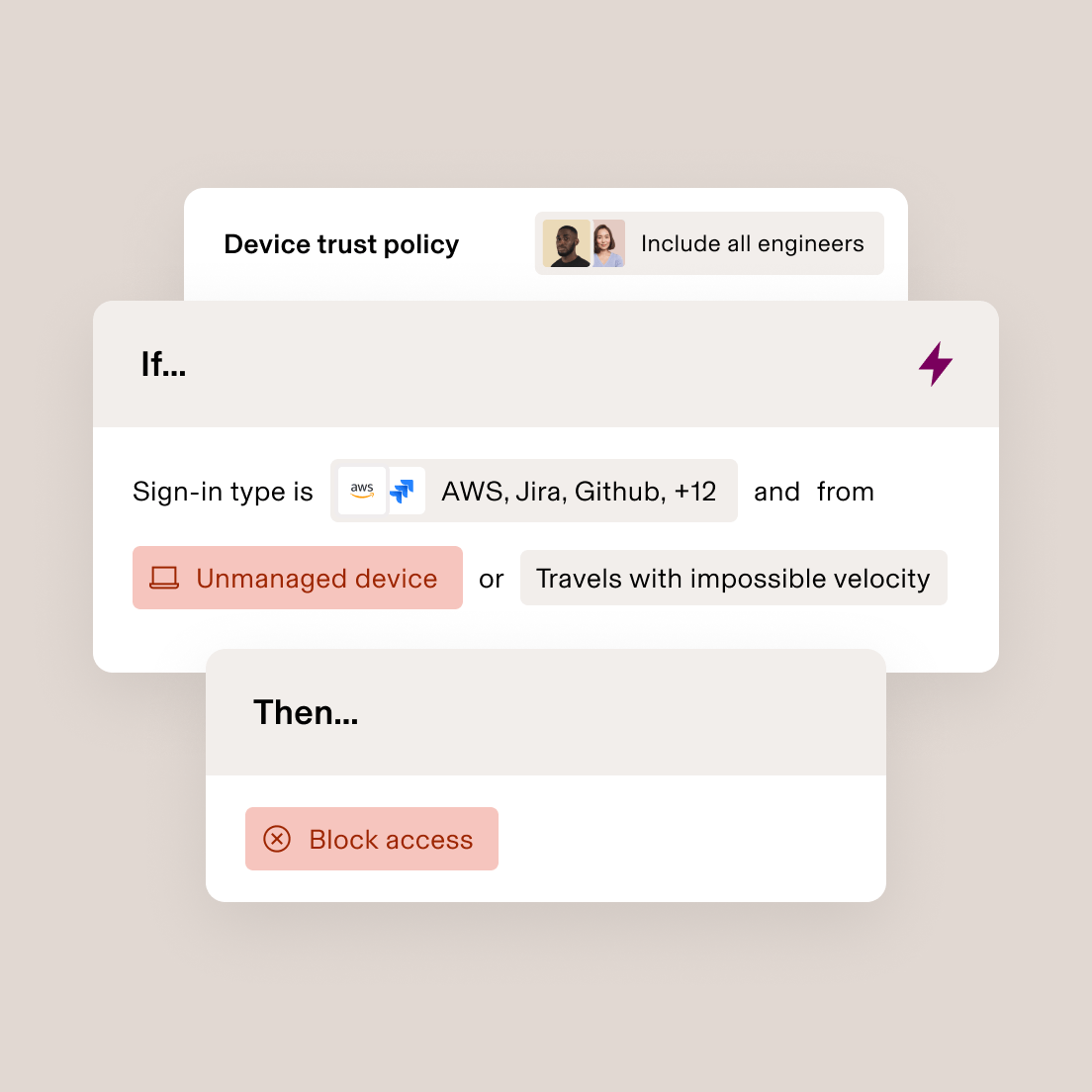 Device trust policy interface showing conditional rules for blocking access based on sign-in type and device management status.