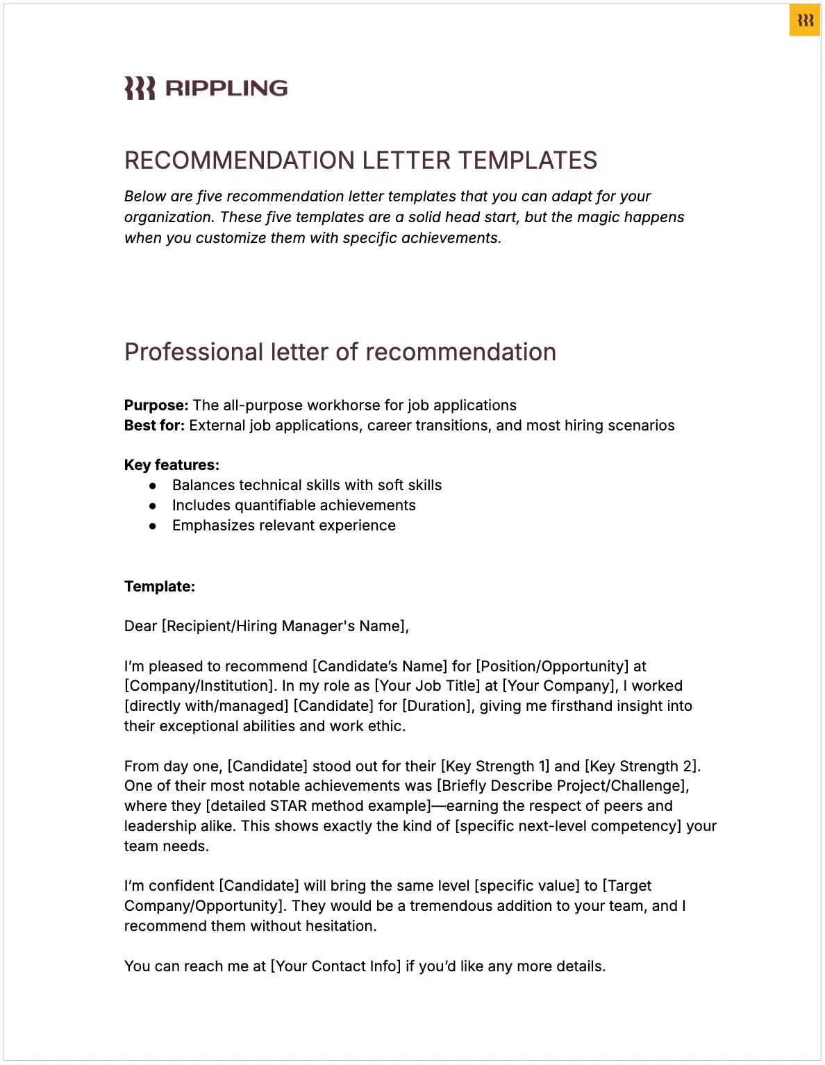 Part of Rippling's recommendation letter template