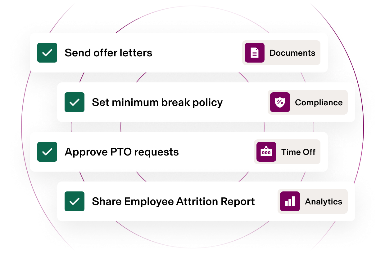 HR management interface showing four task options with tick marks: offer letters, break policy, PTO requests and attrition reports.