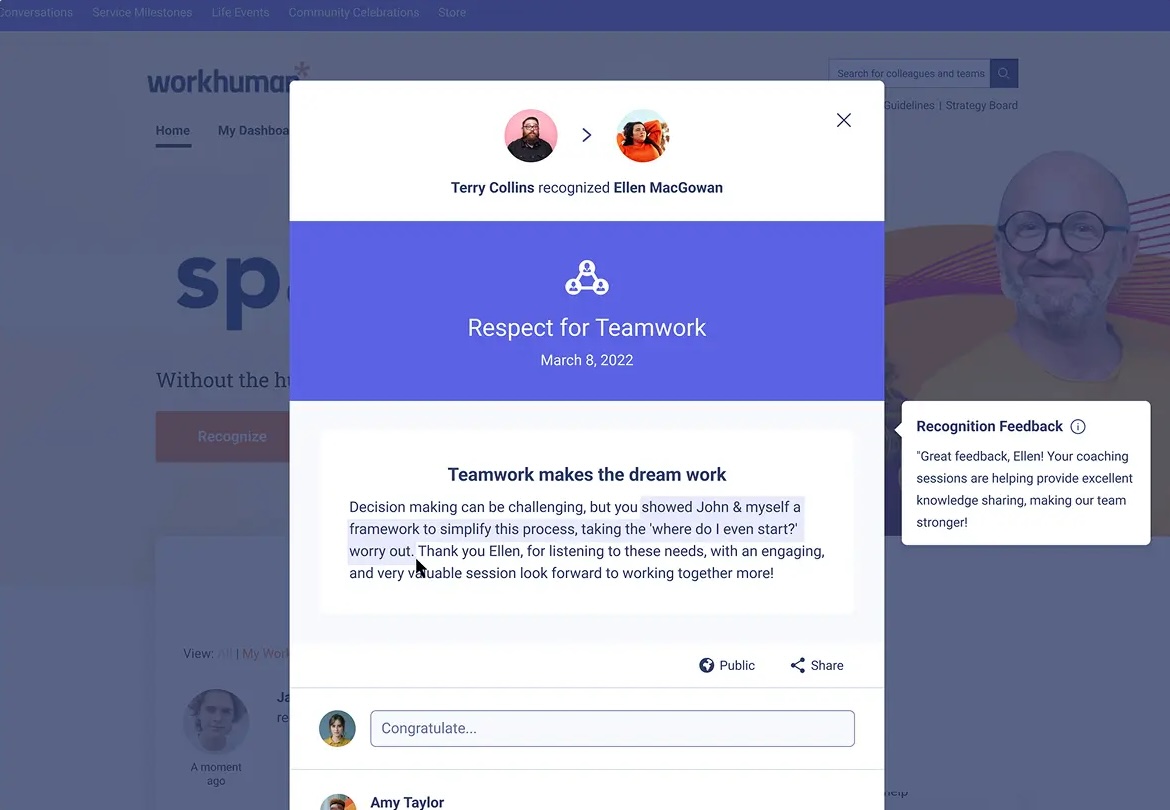 Workhuman Social Recognition feedback